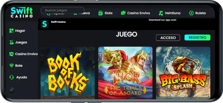 Juegos de casino en la versión móvil Swift Casino